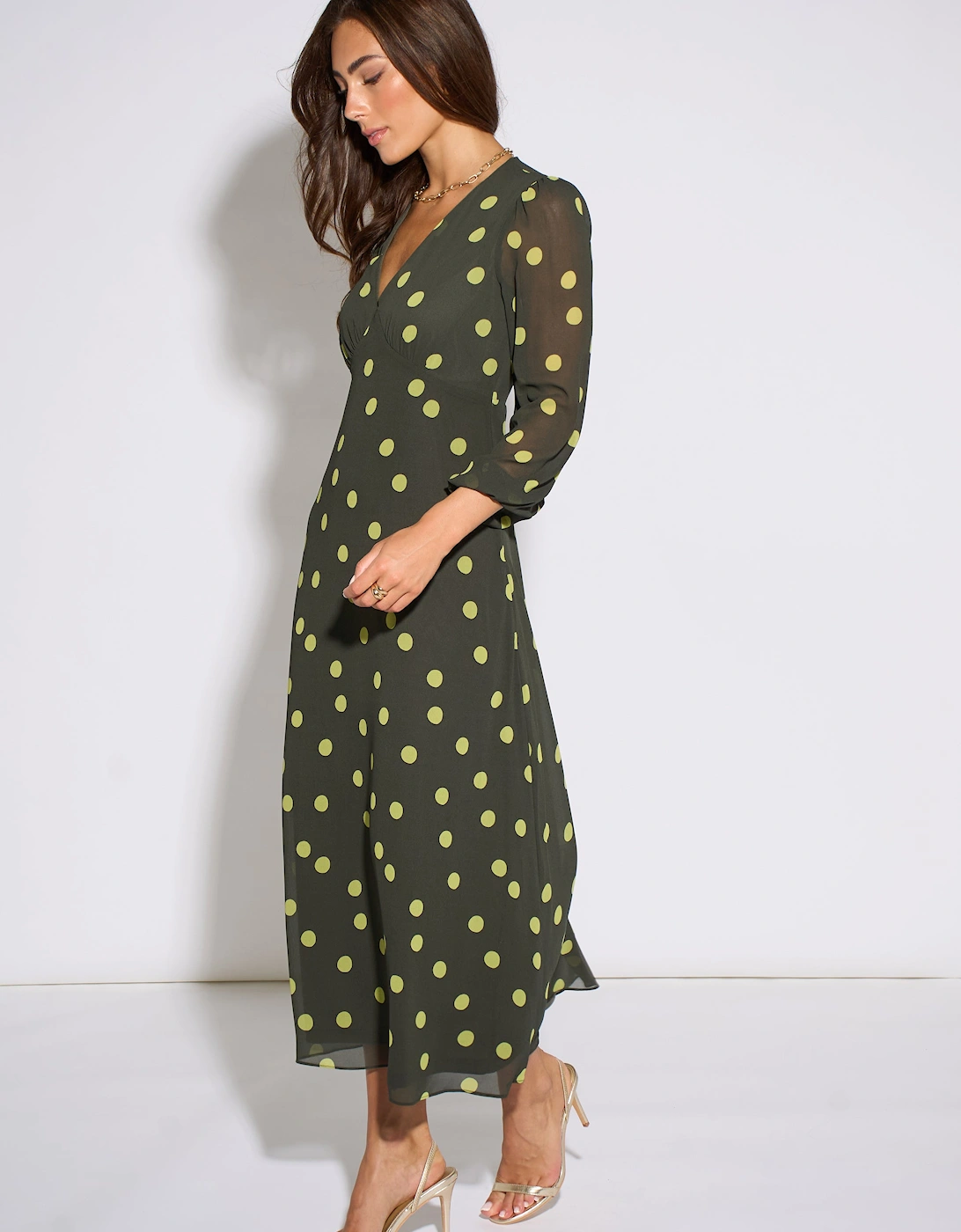 Green Lime Spot V Neck Midi Dress