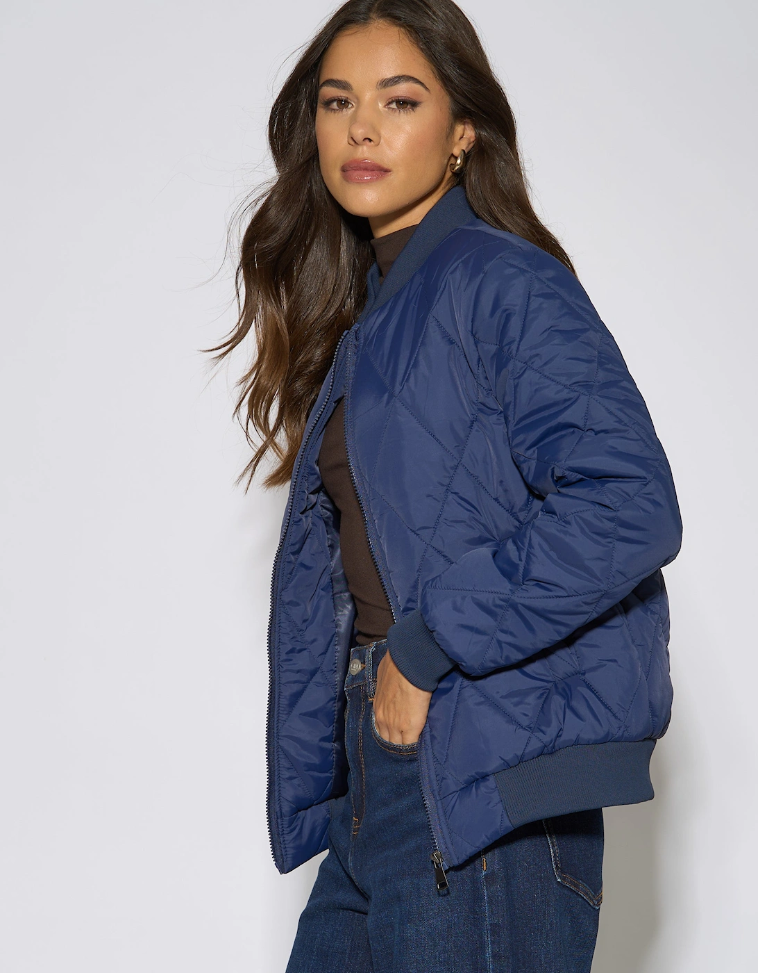 Navy Rib Trim Puffer Bomber Jacket