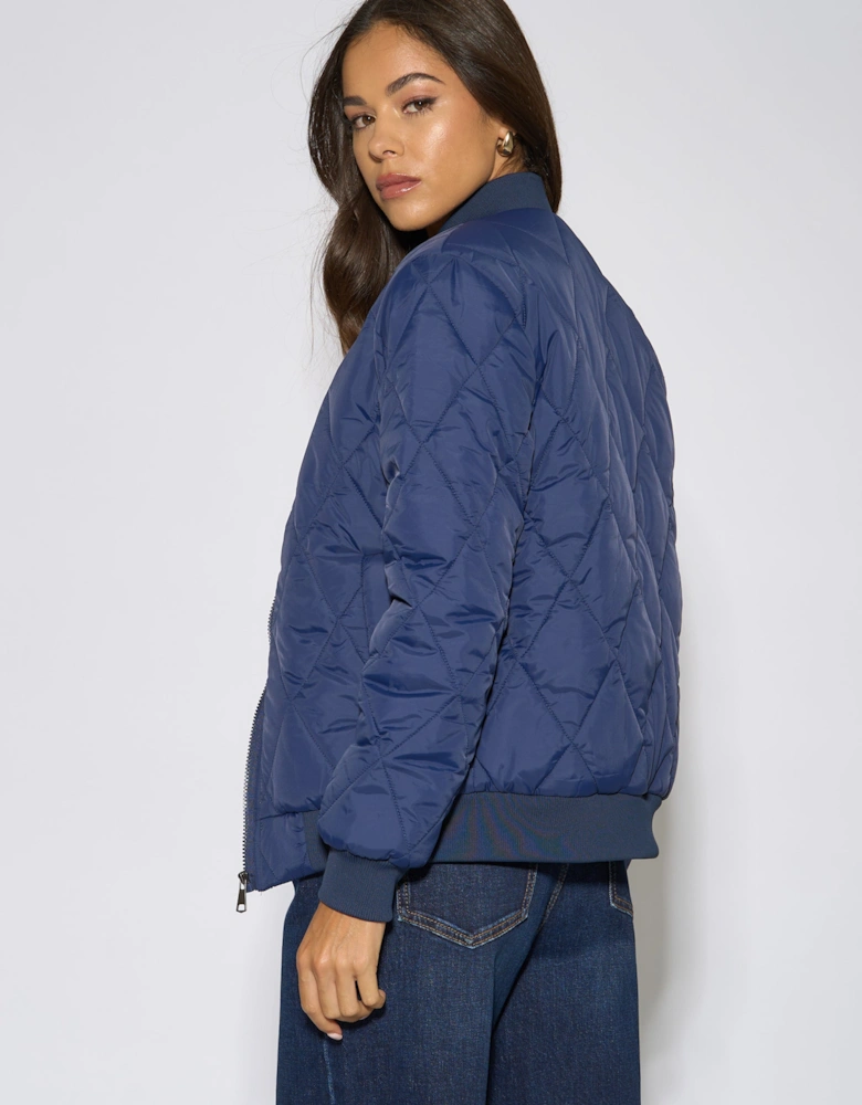Navy Rib Trim Puffer Bomber Jacket
