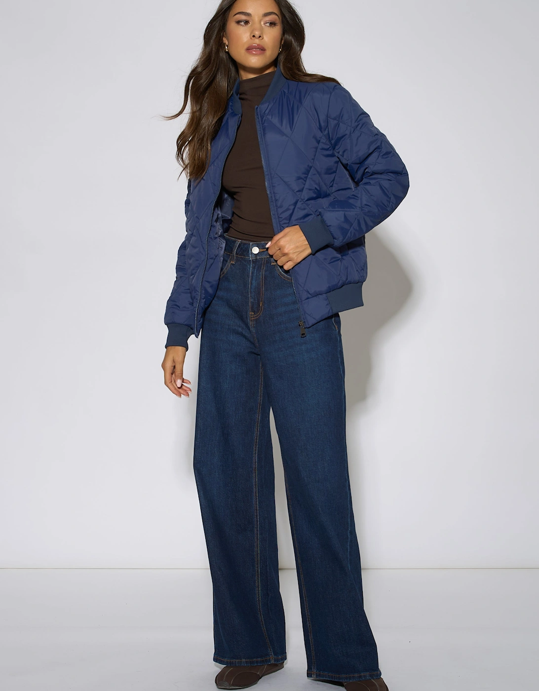 Navy Rib Trim Puffer Bomber Jacket