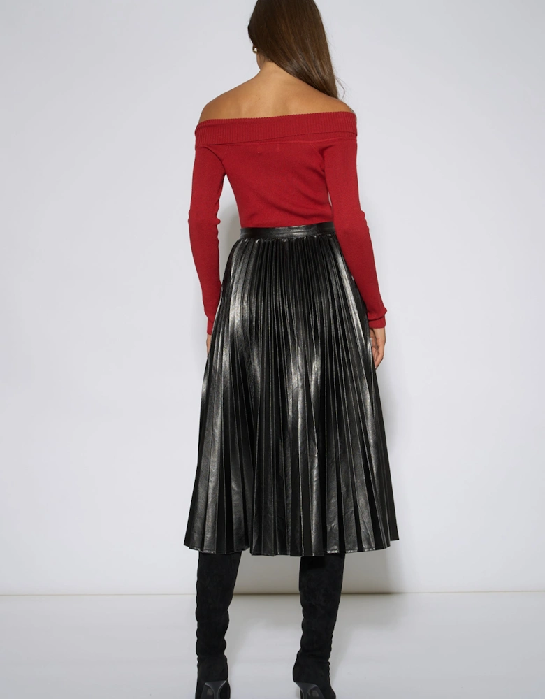 Black Pleated Faux Leather Midi Skirt