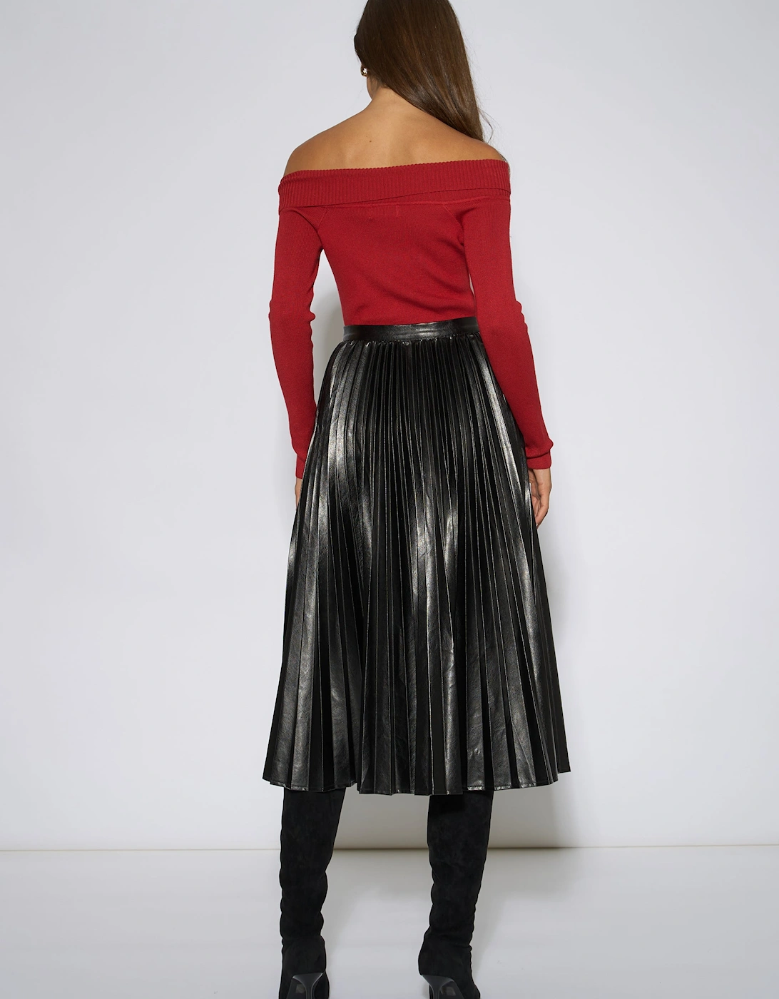 Black Pleated Faux Leather Midi Skirt