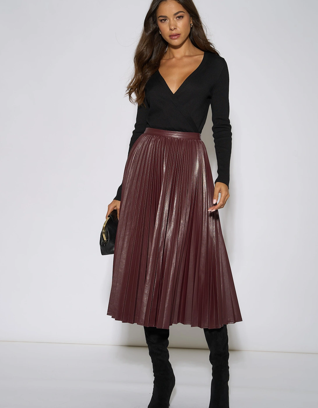 Gini London Women's Red Burgundy Pleated Faux Leather Midi Skirt - Size 14