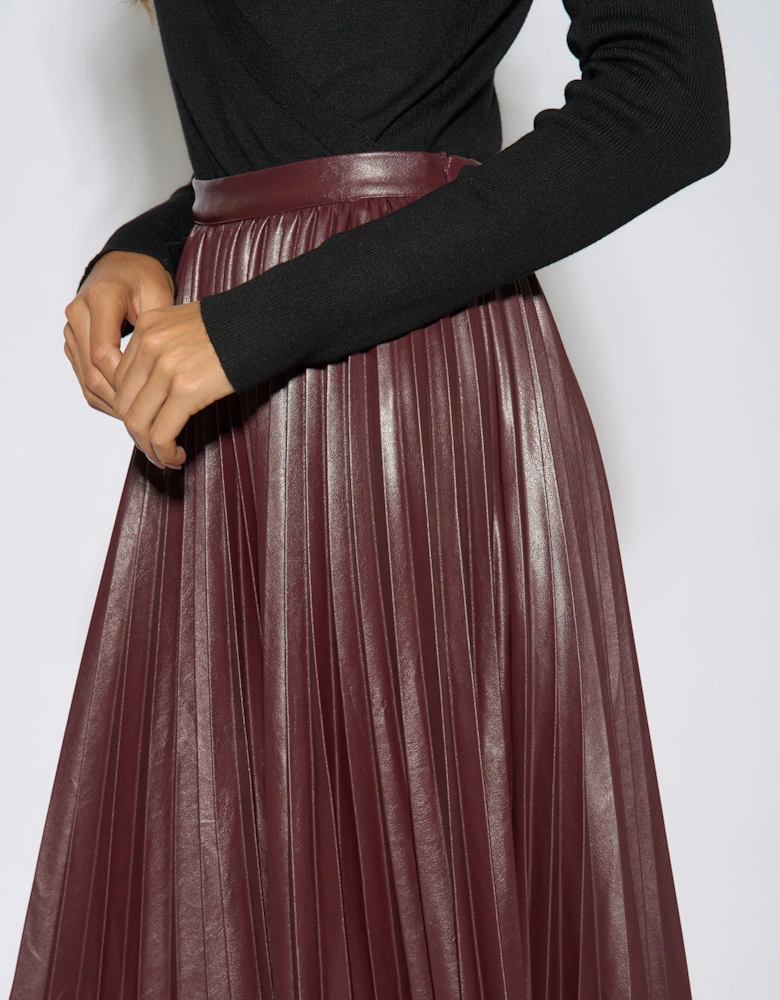 Burgundy Pleated Faux Leather Midi Skirt