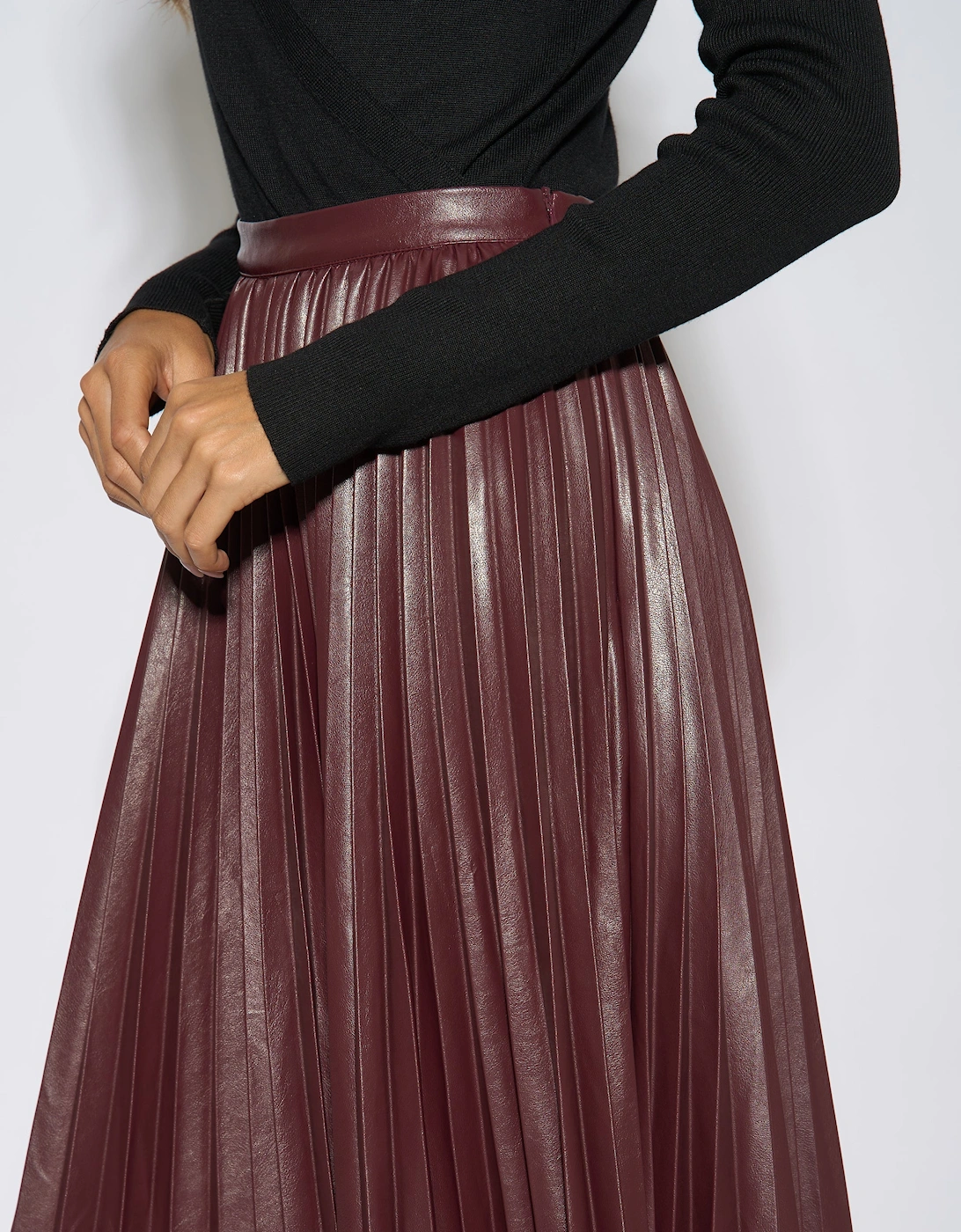 Burgundy Pleated Faux Leather Midi Skirt