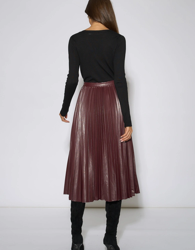 Burgundy Pleated Faux Leather Midi Skirt