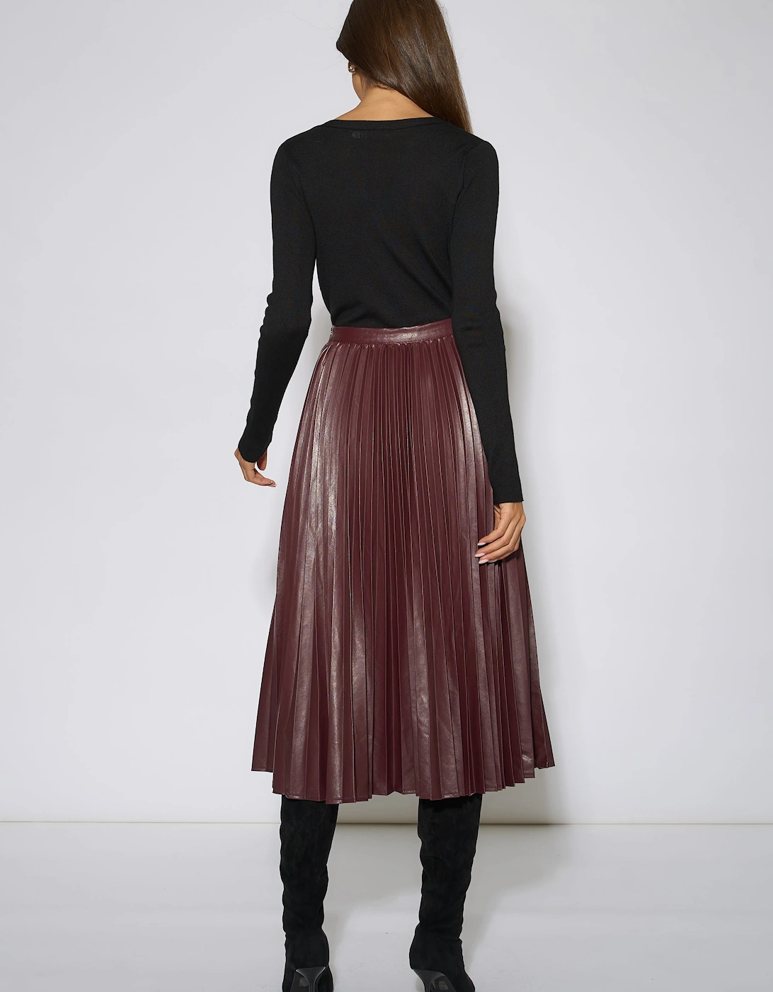 Burgundy Pleated Faux Leather Midi Skirt