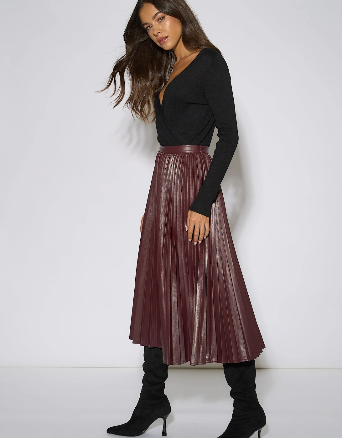 Burgundy Pleated Faux Leather Midi Skirt