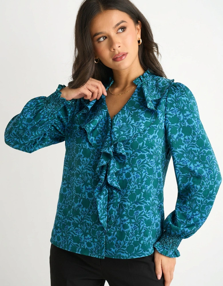 Blue Floral Print Ruffle Front Blouse