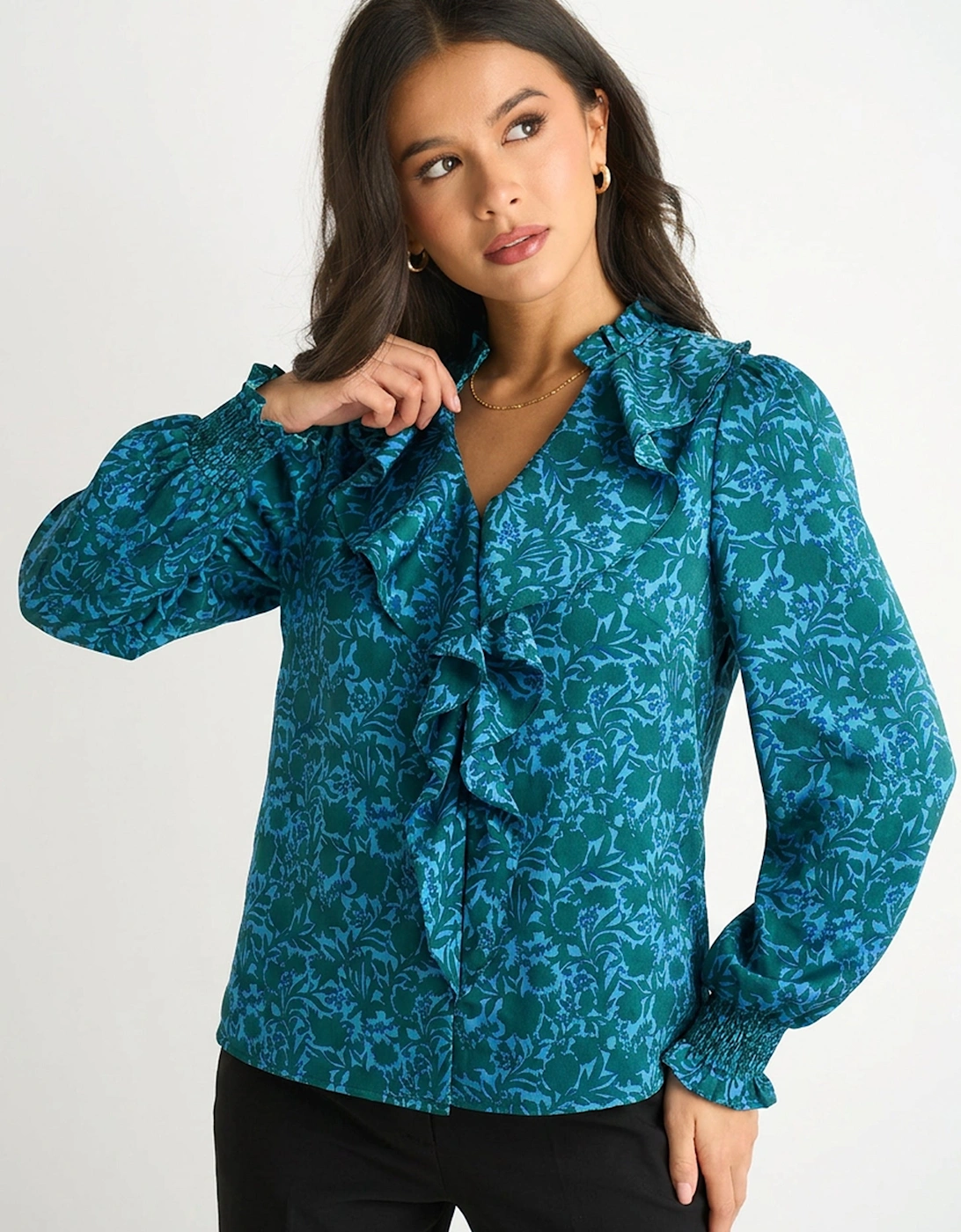 Blue Floral Print Ruffle Front Blouse