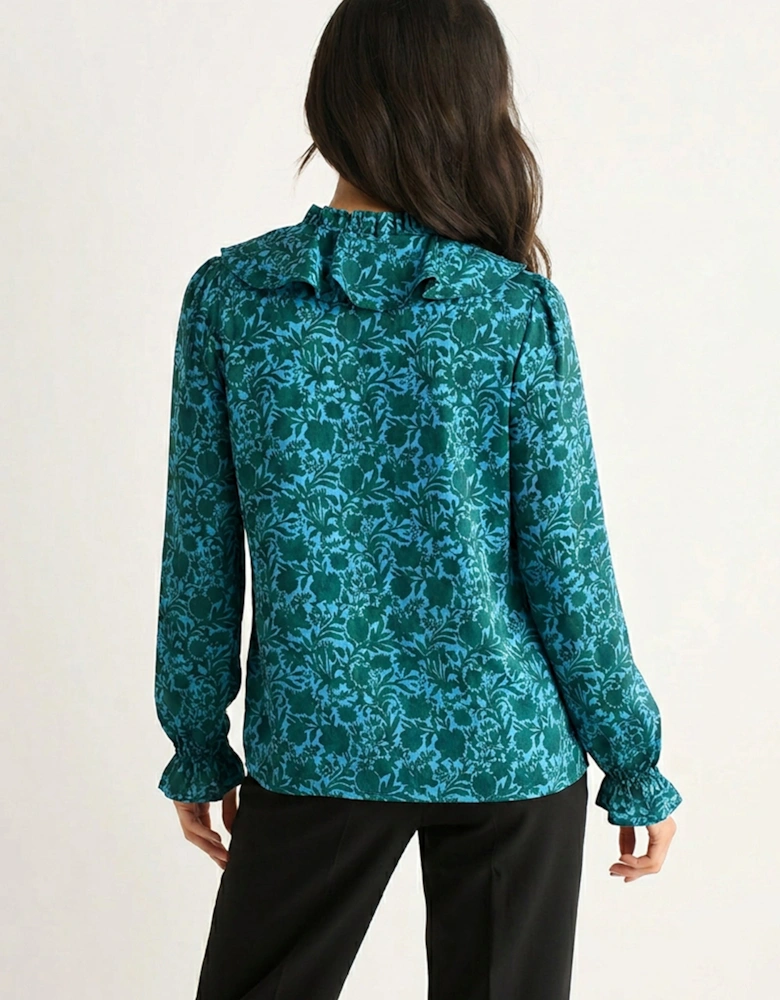 Blue Floral Print Ruffle Front Blouse