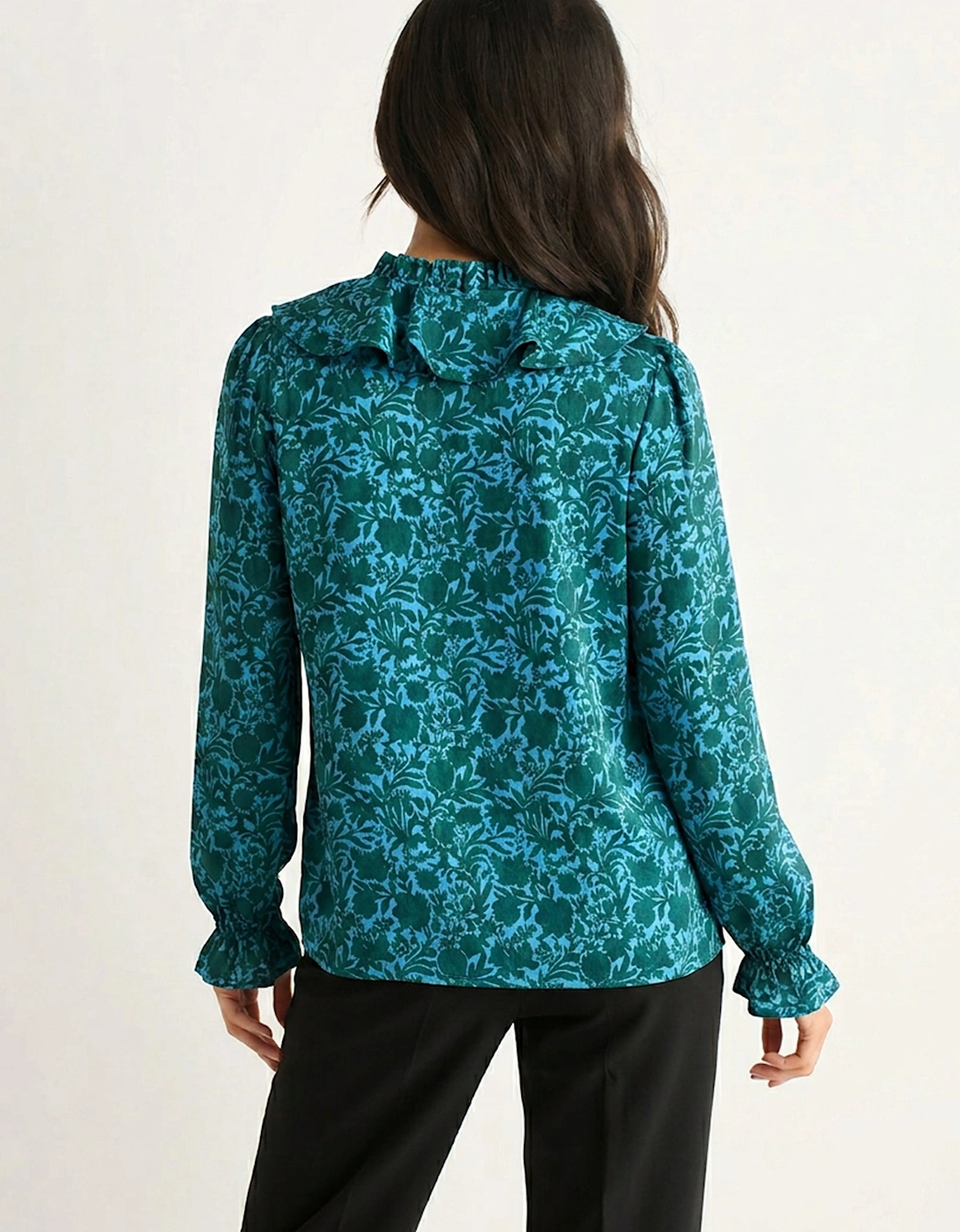 Blue Floral Print Ruffle Front Blouse