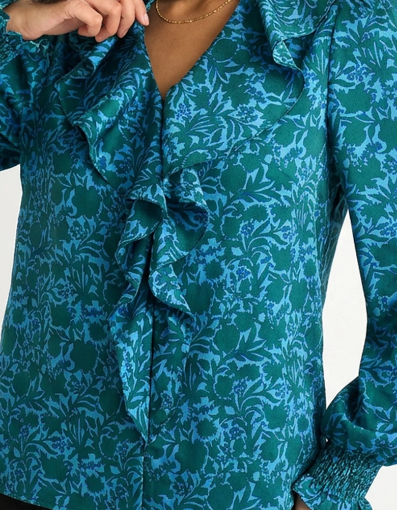 Blue Floral Print Ruffle Front Blouse