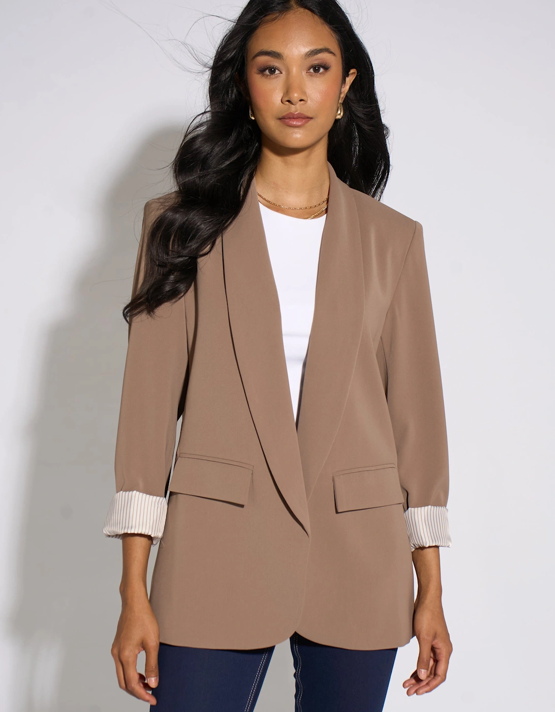 Gini London Women's Brown Mocha Contrast Sleeve Edge To Edge Blazer - Size 8