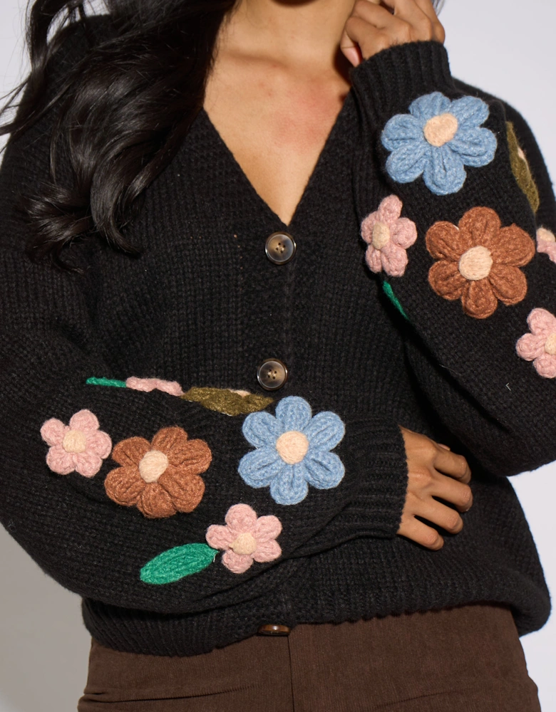Black 3D Floral Sleeves Knit Cardigan