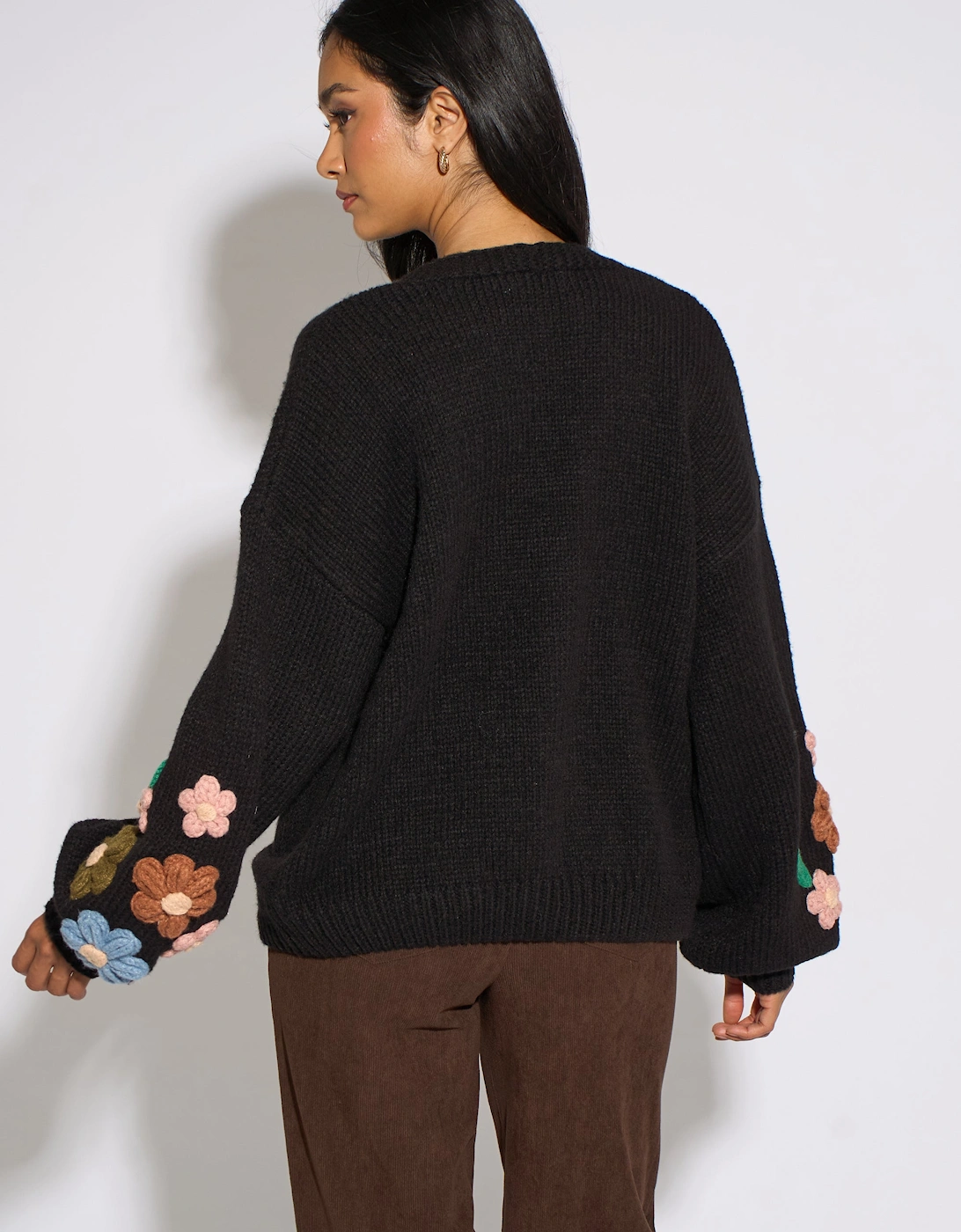 Black 3D Floral Sleeves Knit Cardigan