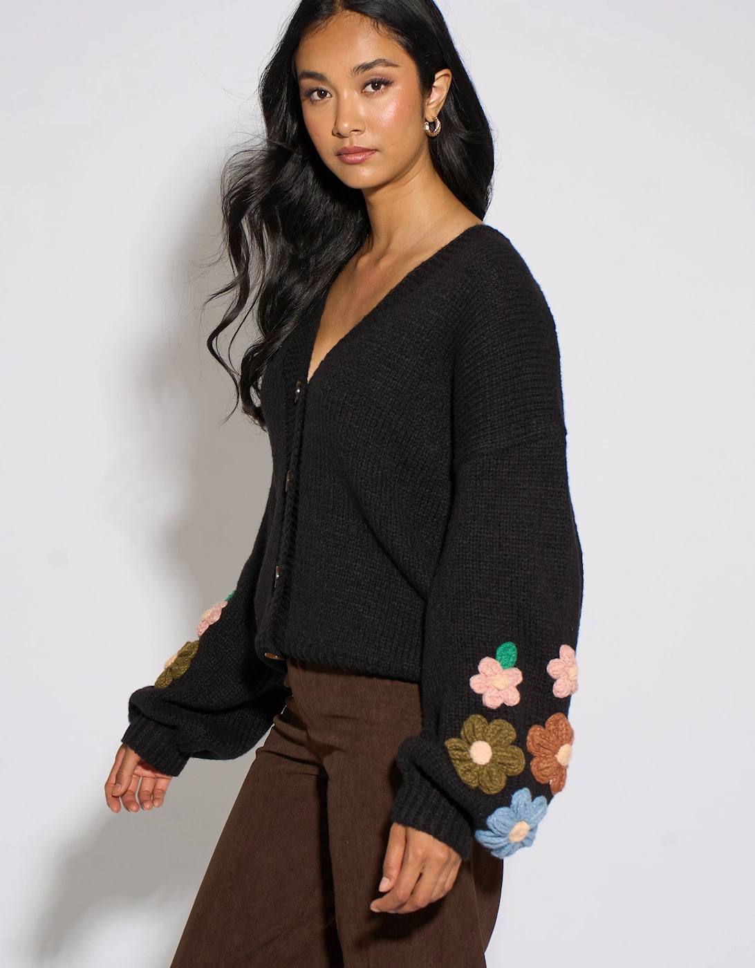 Black 3D Floral Sleeves Knit Cardigan