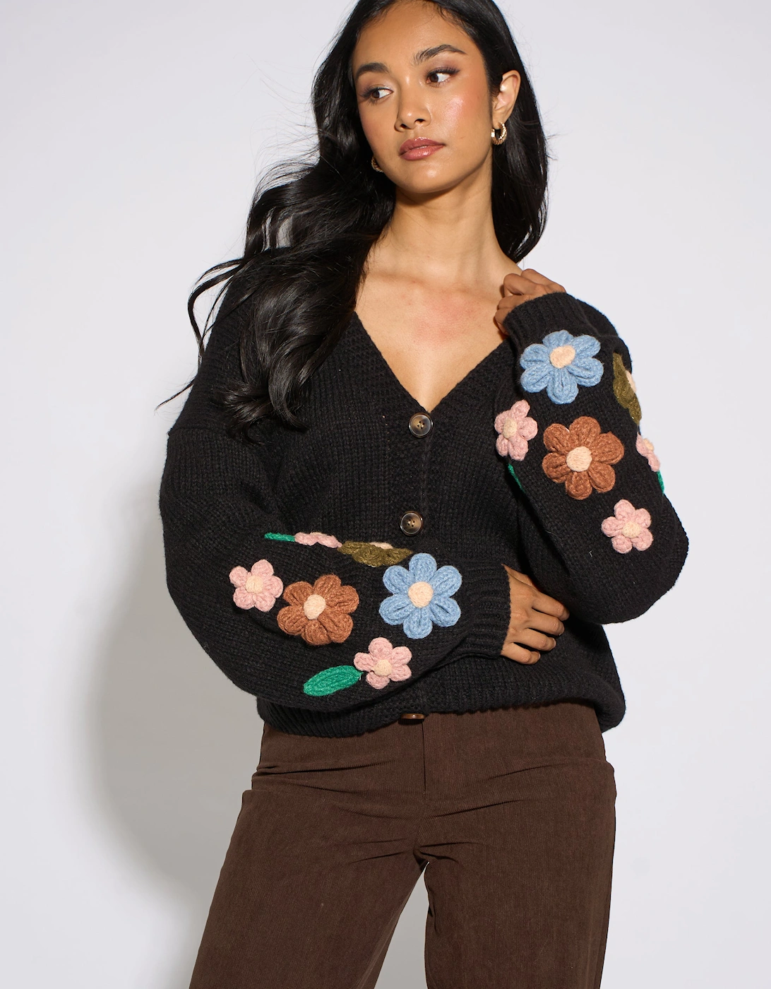 Gini London Women's Black 3D Floral Sleeves Knit Cardigan - Size 12/14