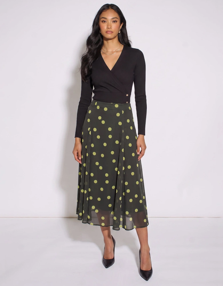 Green Lime Spot Satin Godet Midi Skirt