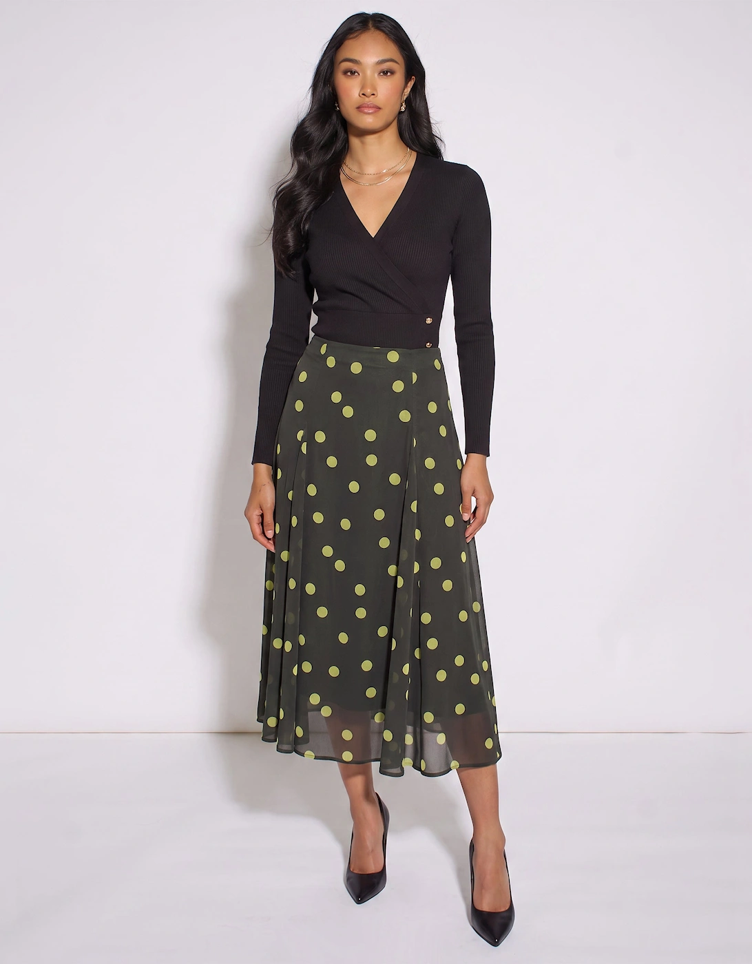 Green Lime Spot Satin Godet Midi Skirt