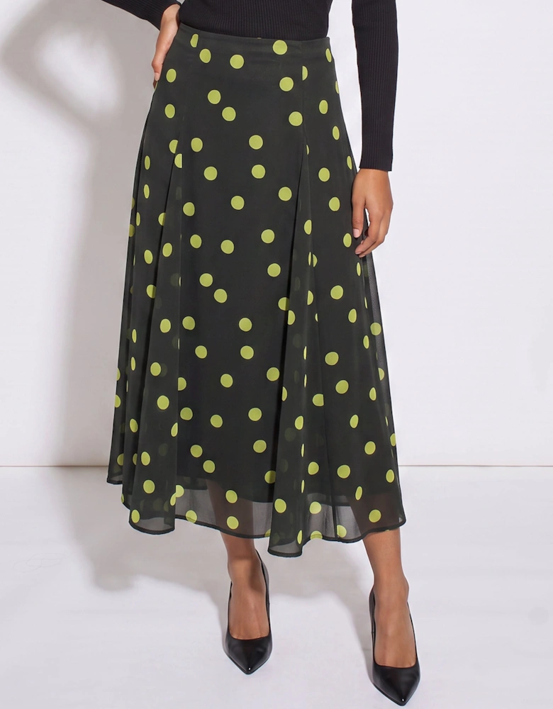 Green Lime Spot Satin Godet Midi Skirt