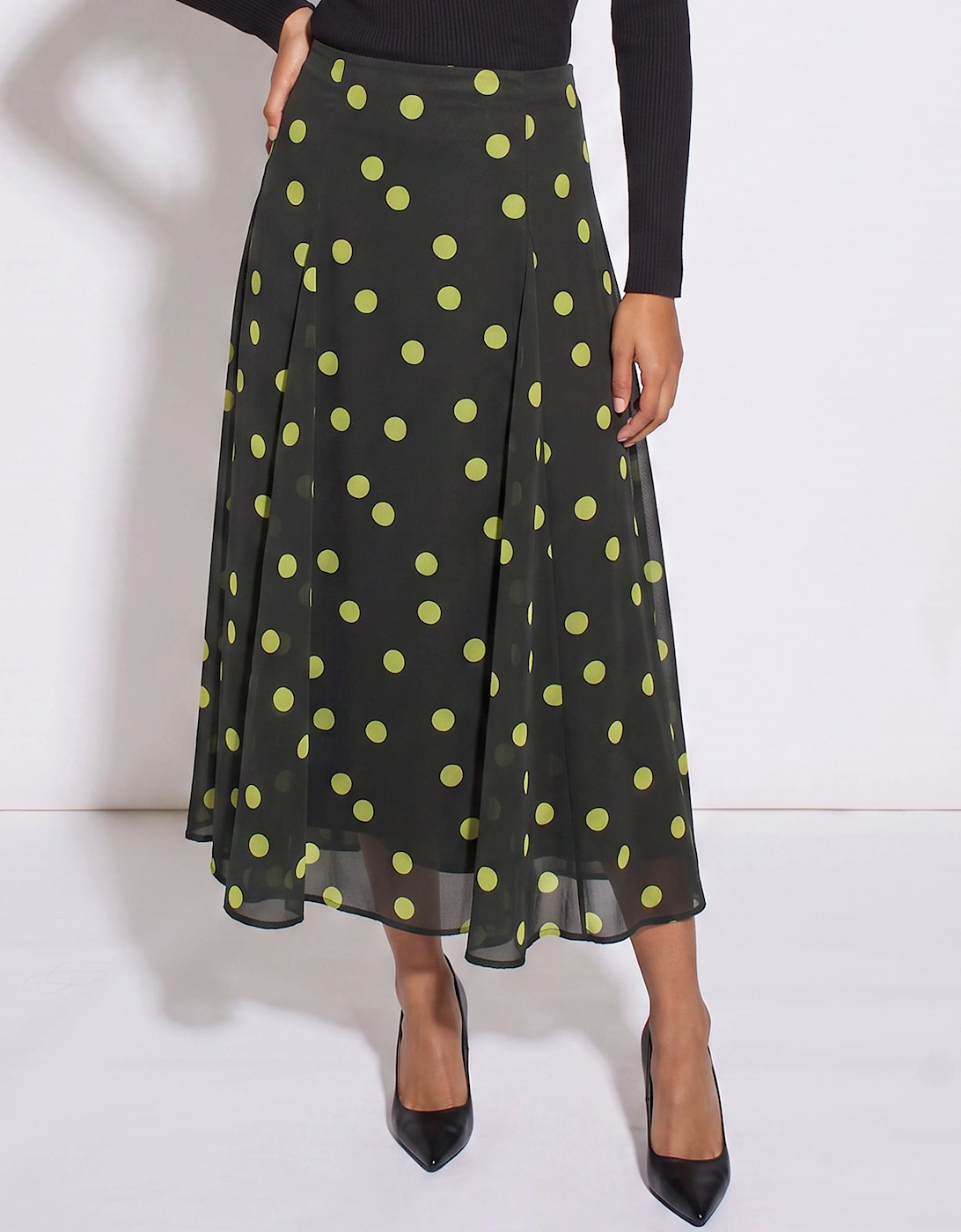 Green Lime Spot Satin Godet Midi Skirt