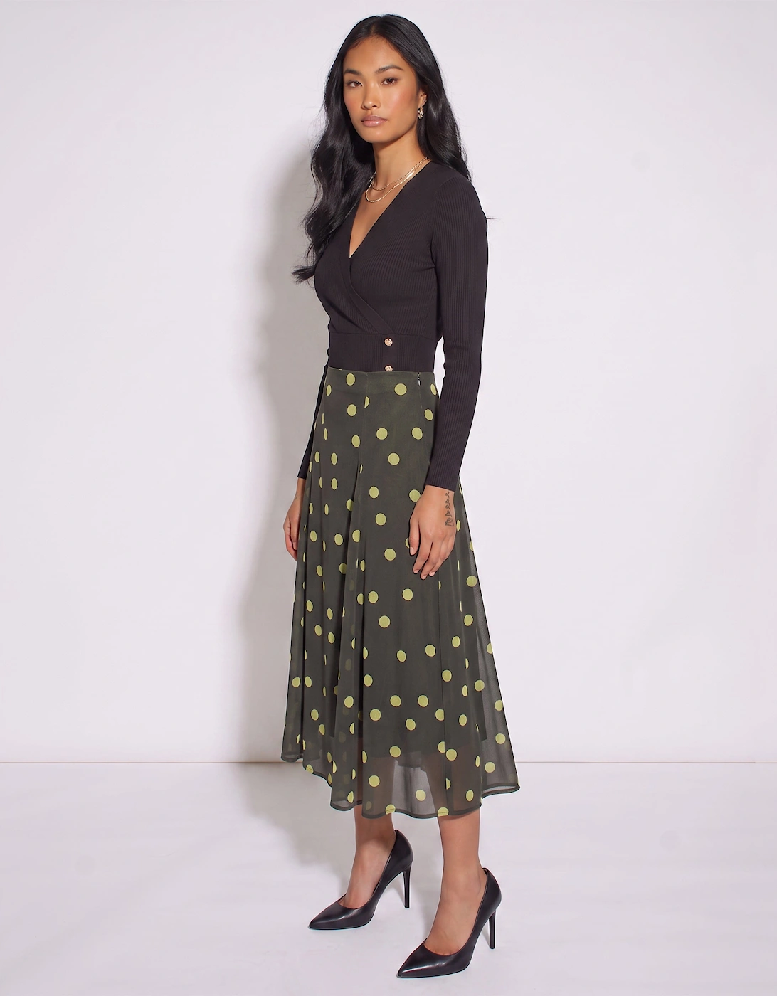 Green Lime Spot Satin Godet Midi Skirt