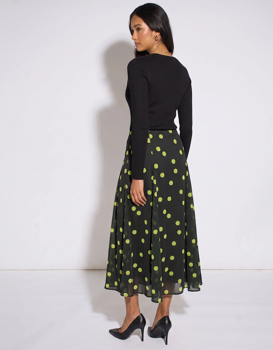 Green Lime Spot Satin Godet Midi Skirt