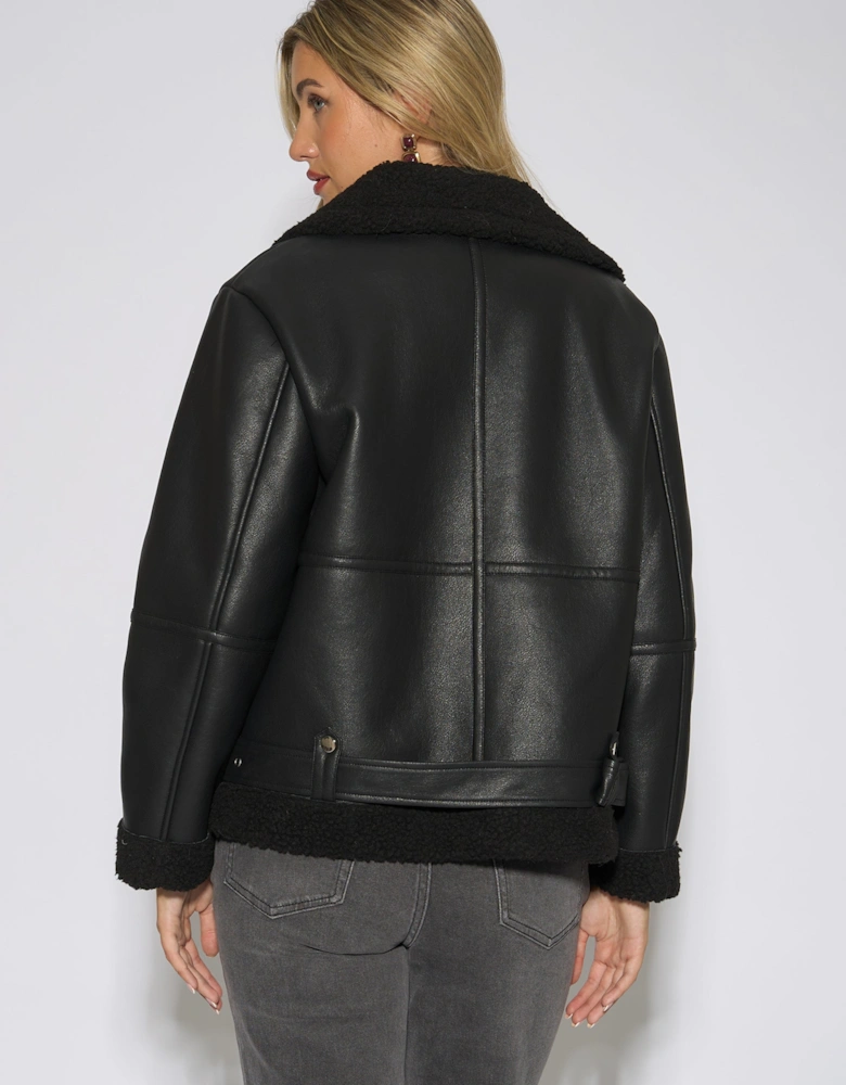 Black Faux Leather Aviator Biker Jacket