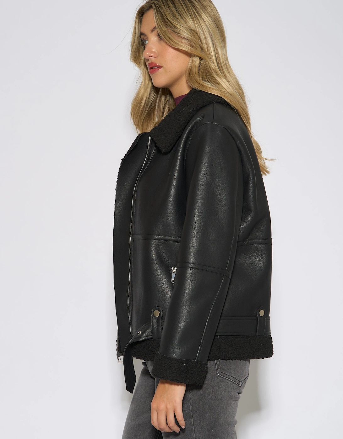 Black Faux Leather Aviator Biker Jacket