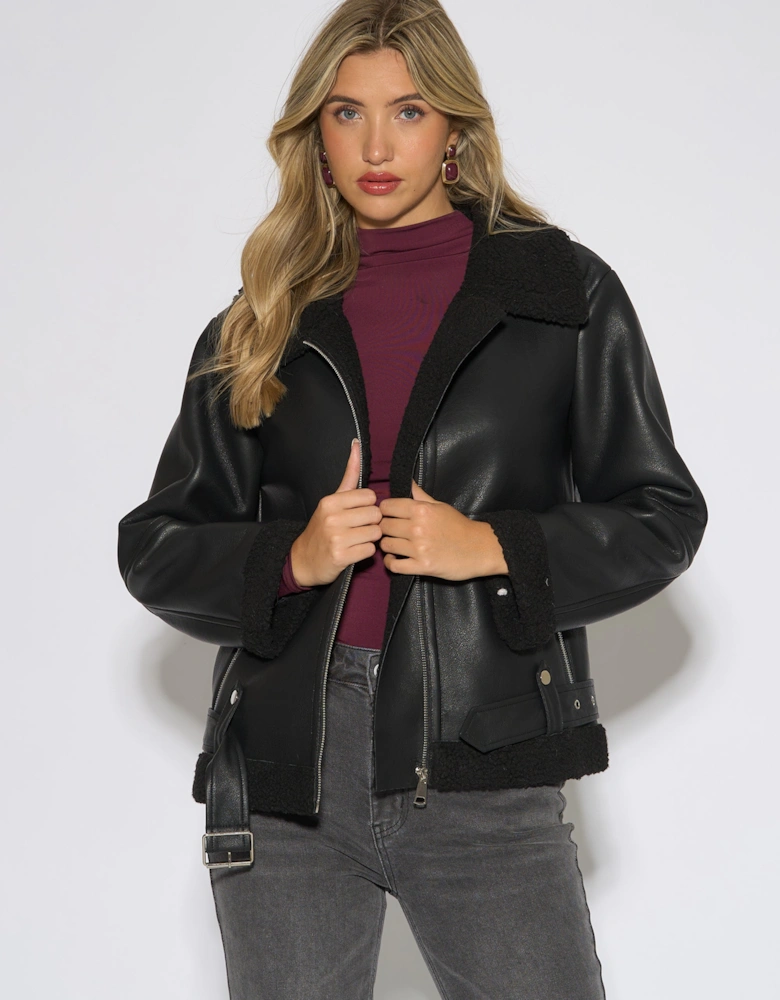 Black Faux Leather Aviator Biker Jacket