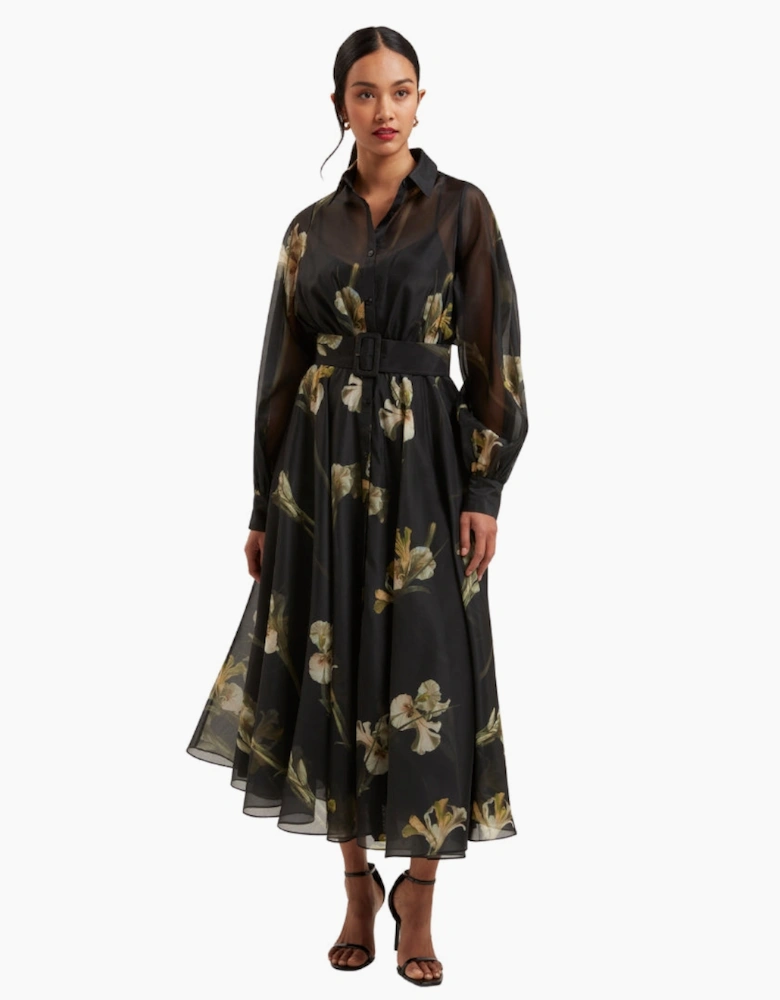 Ted Baker Liorra Printed Organza Belted Black Midi Dress