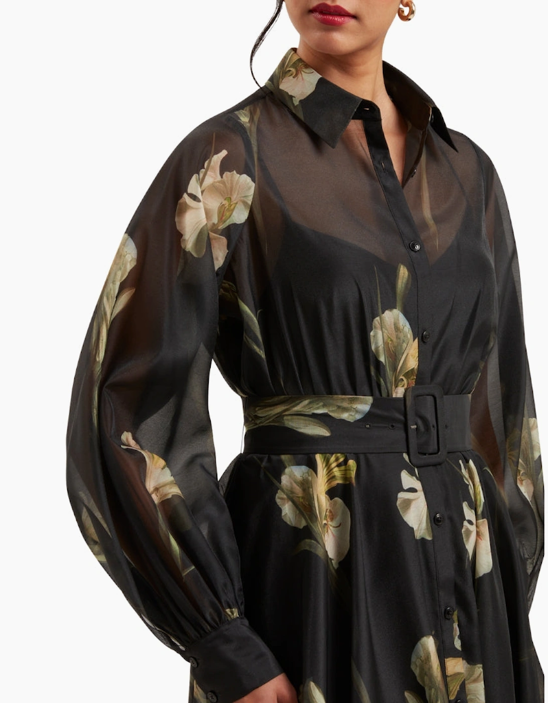 Ted Baker Liorra Printed Organza Belted Black Midi Dress