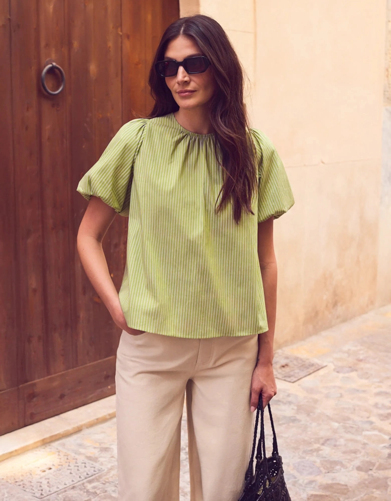 Green Cotton Stripe Bow Back Top