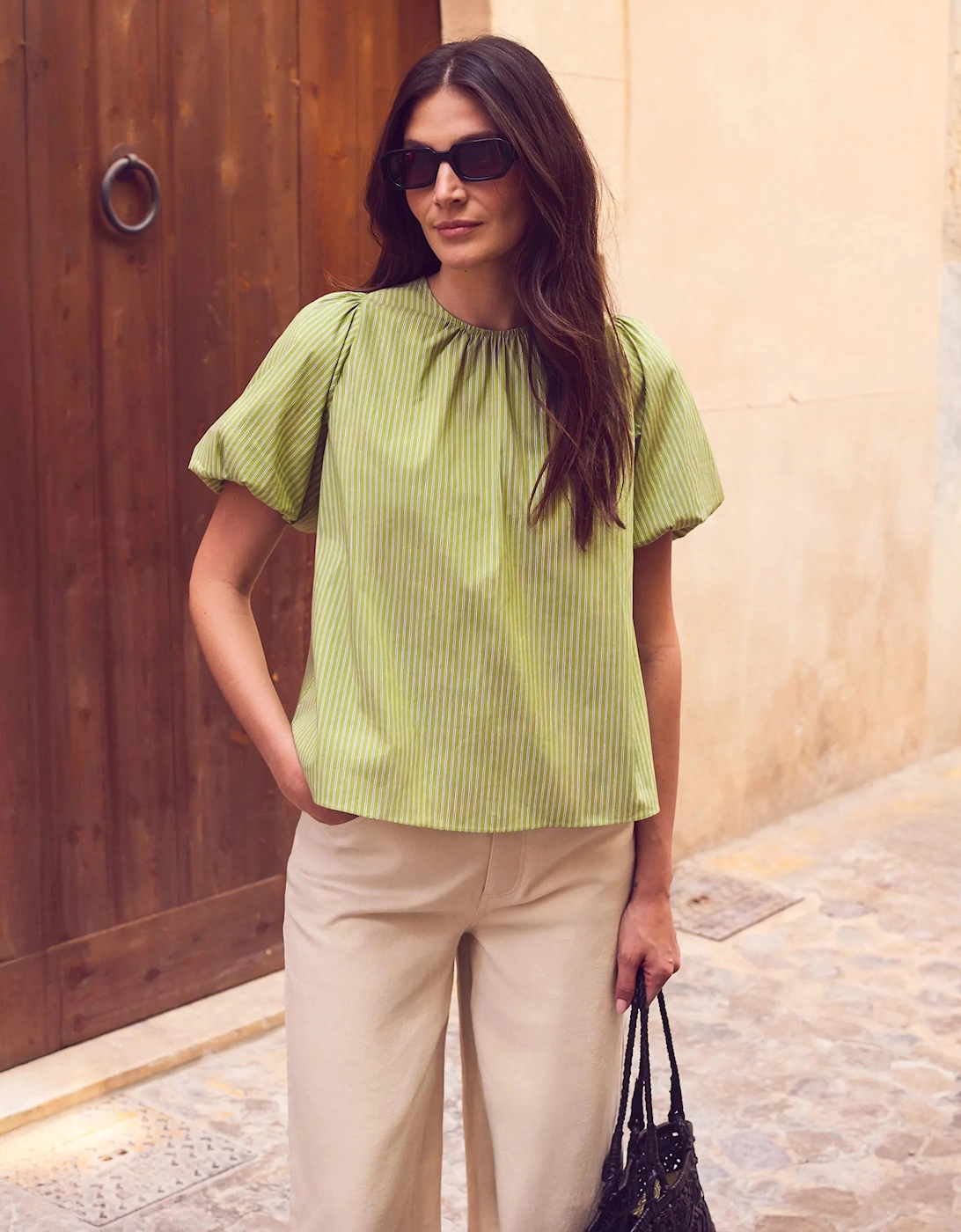 Green Cotton Stripe Bow Back Top