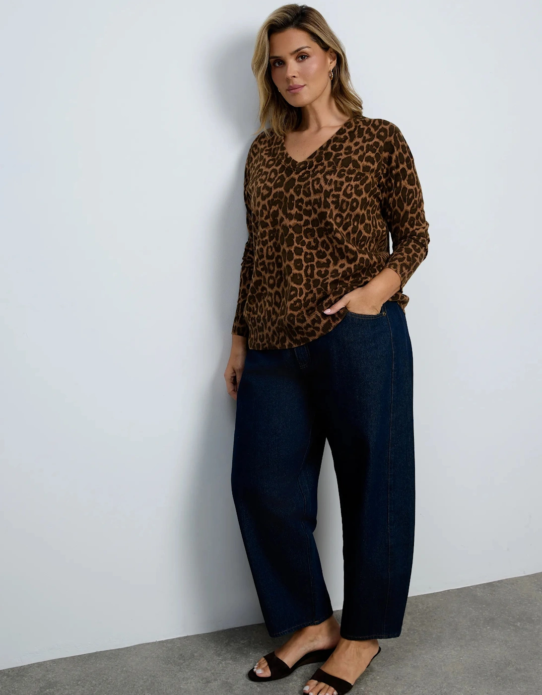 Chocolate Leopard Print V-Neck Knit Jumper With Cashmere