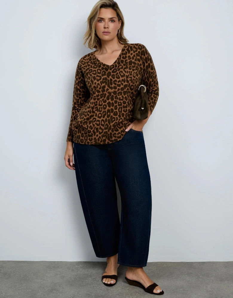 Chocolate Leopard Print V-Neck Knit Jumper With Cashmere