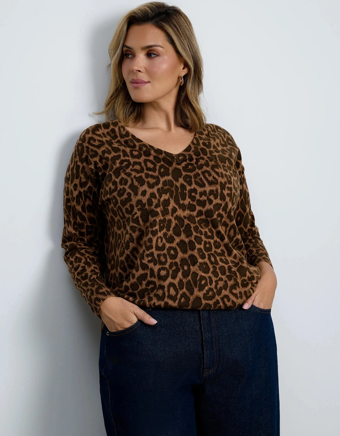 Chocolate Leopard Print V-Neck Knit Jumper With Cashmere