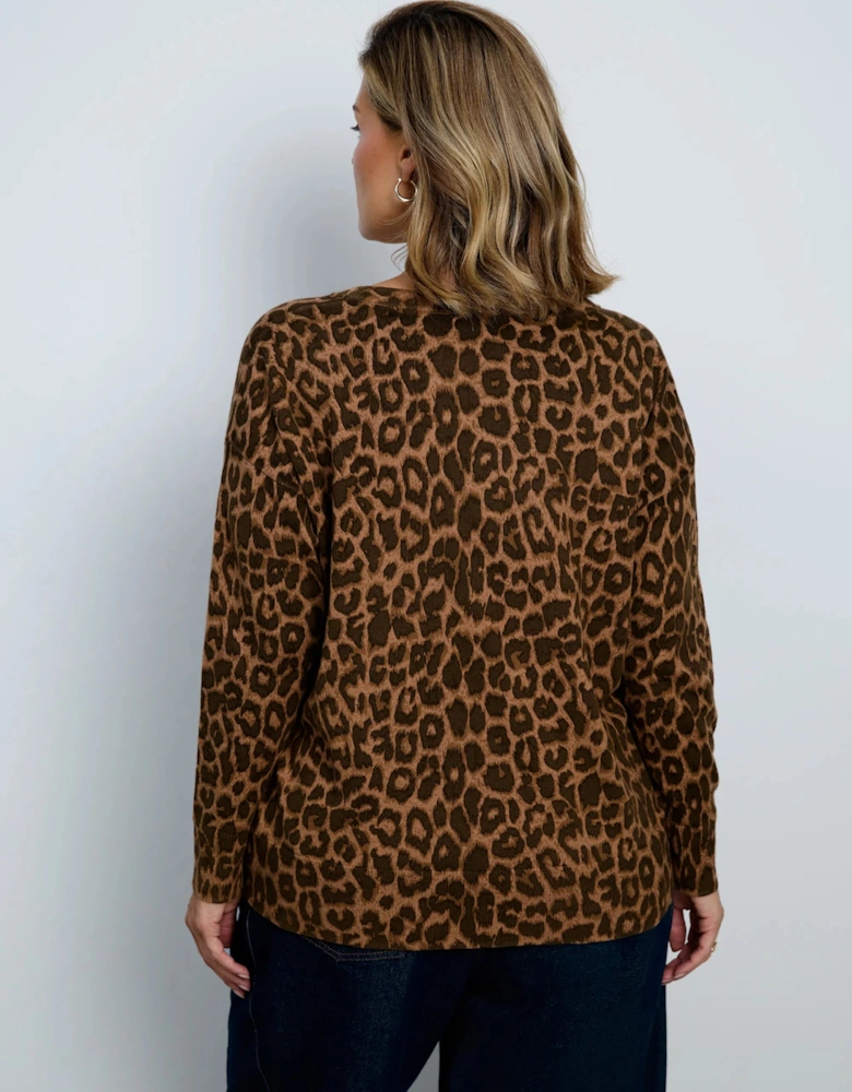 Chocolate Leopard Print V-Neck Knit Jumper With Cashmere