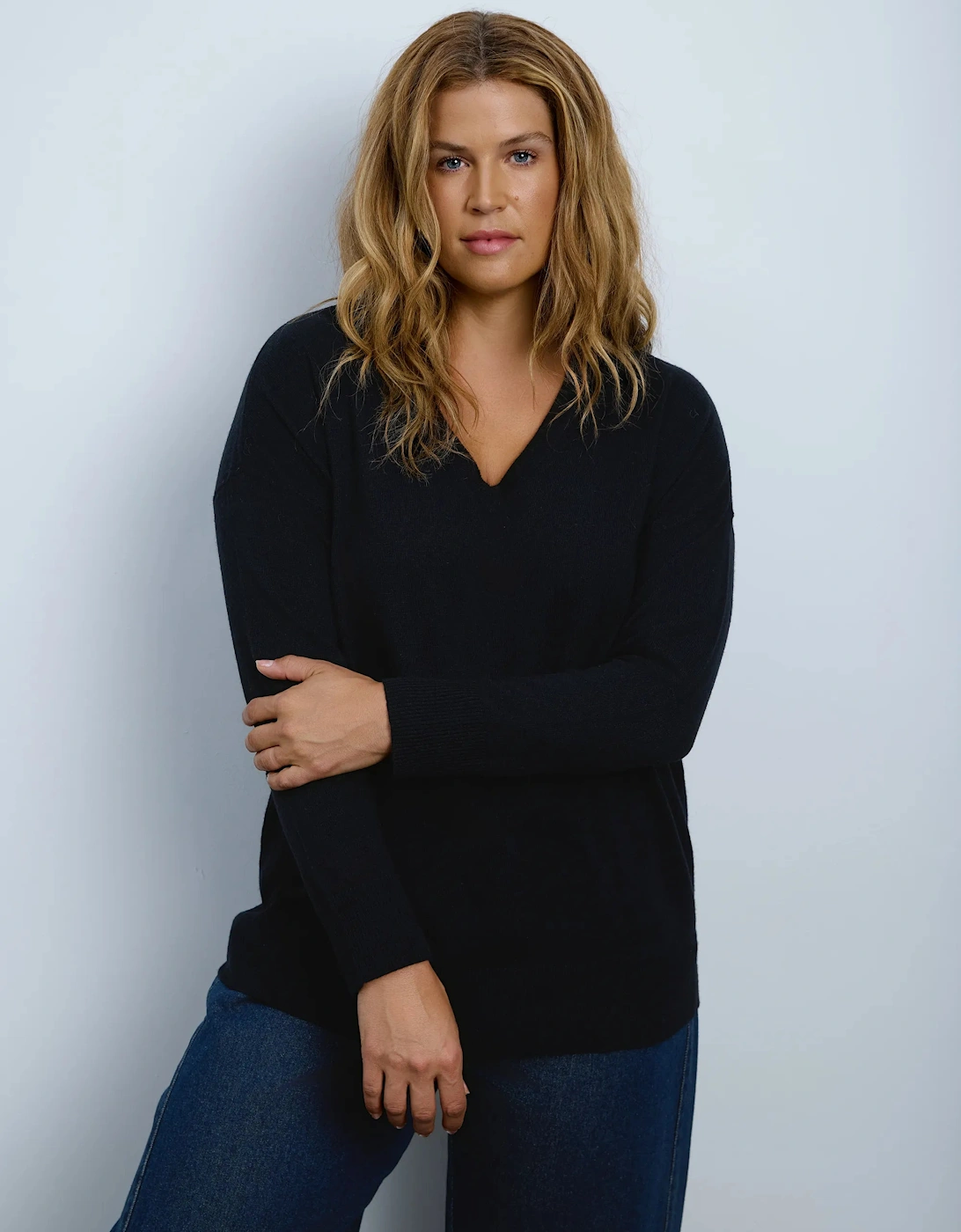 Black V Neck Knitted Jumper With Cashmere