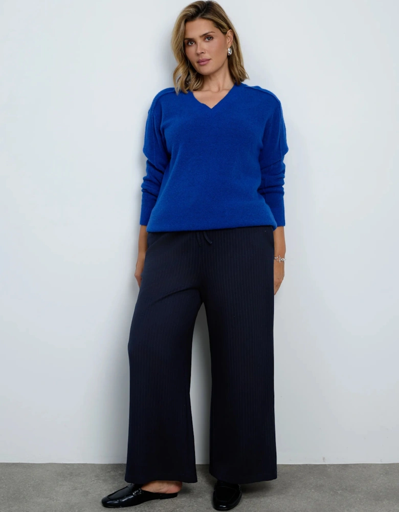 Blue Wool Blend V Neck Knitted Jumper