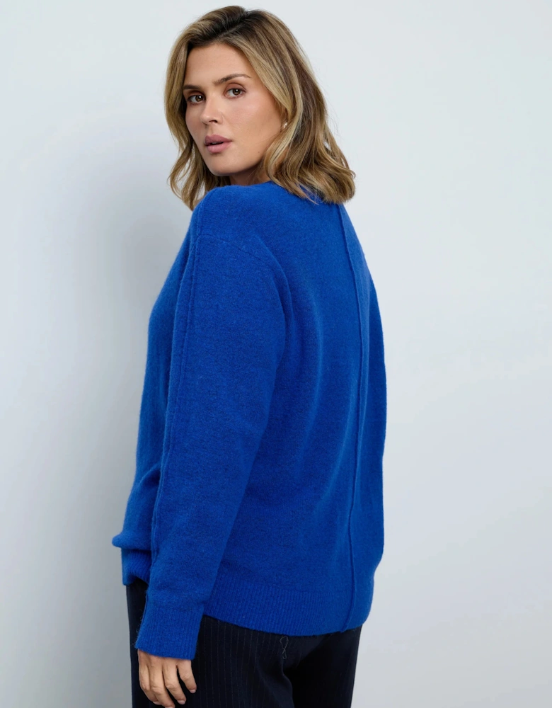Blue Wool Blend V Neck Knitted Jumper