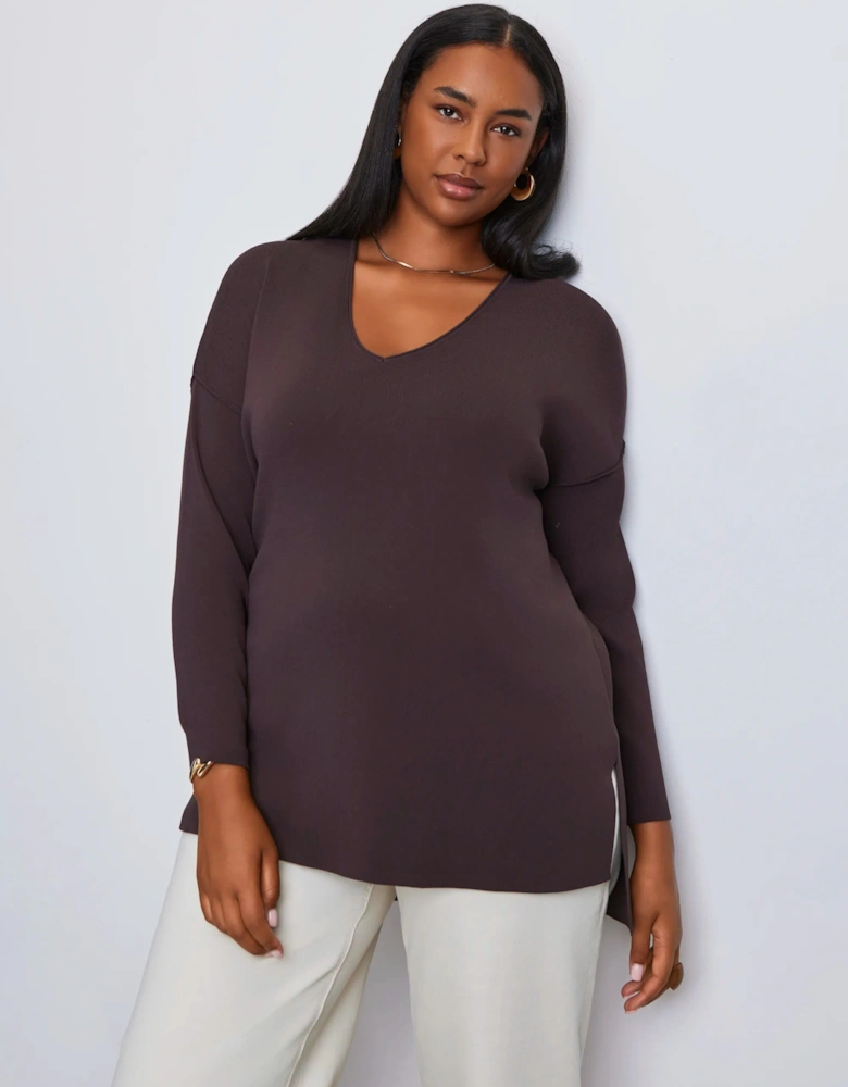 Brown Knitted V-Neck Longline Tunic Jumper