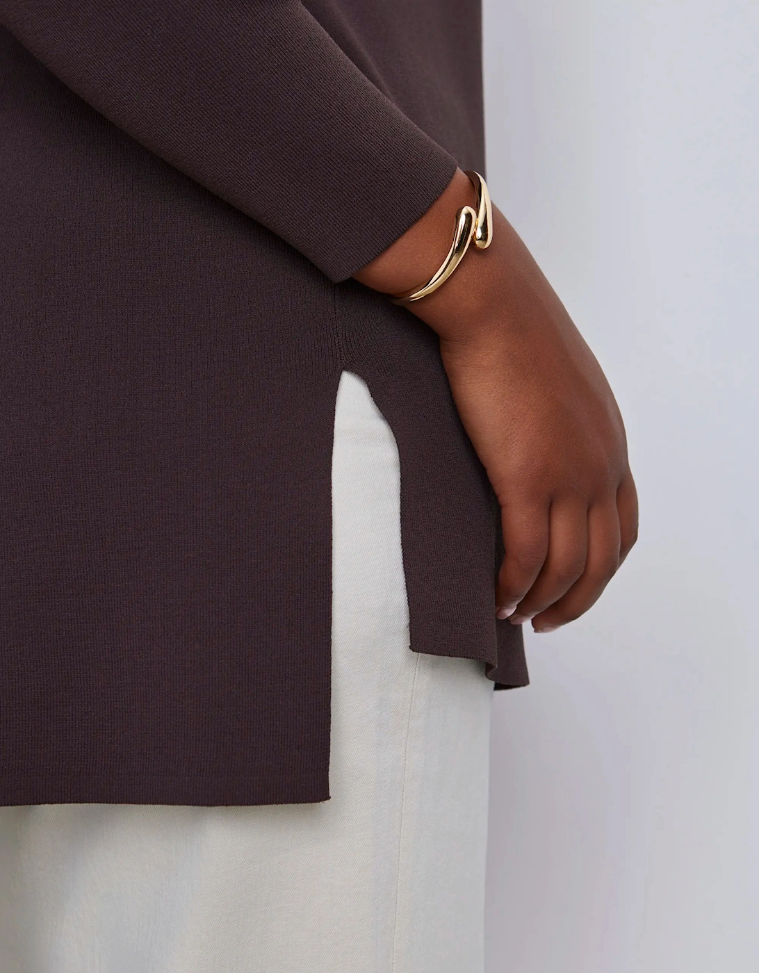 Brown Knitted V-Neck Longline Tunic Jumper
