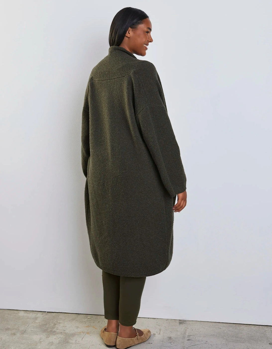 Olive Green Coatigan With Patch Pockets