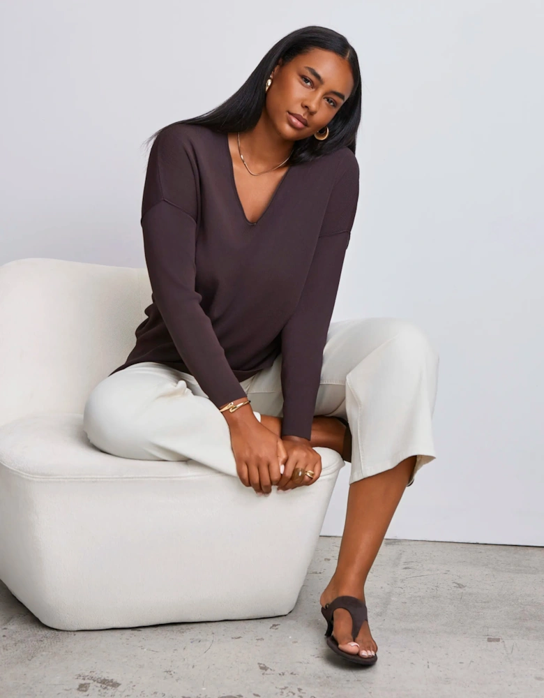 Brown Knitted V-Neck Longline Tunic Jumper