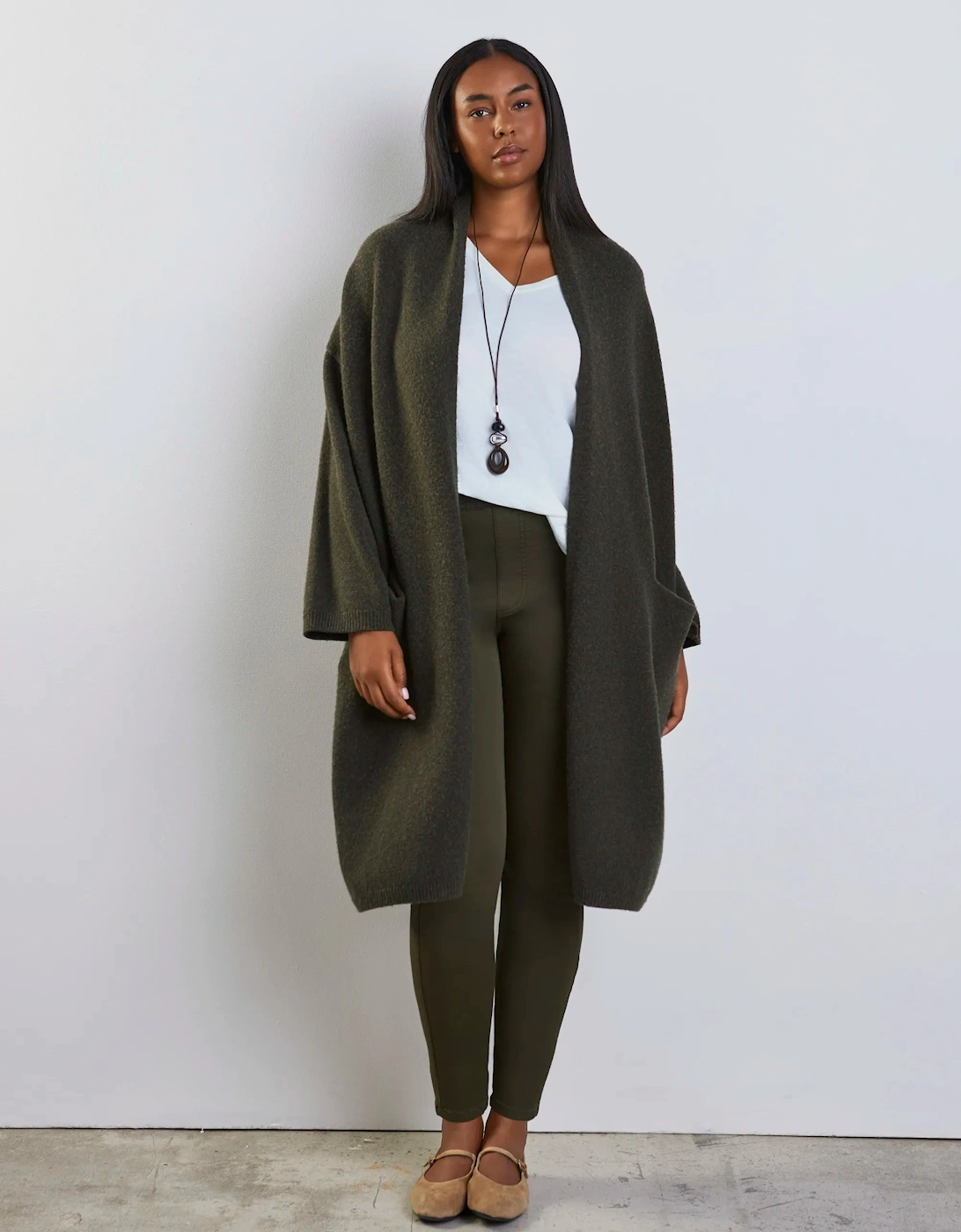 Olive Green Coatigan With Patch Pockets