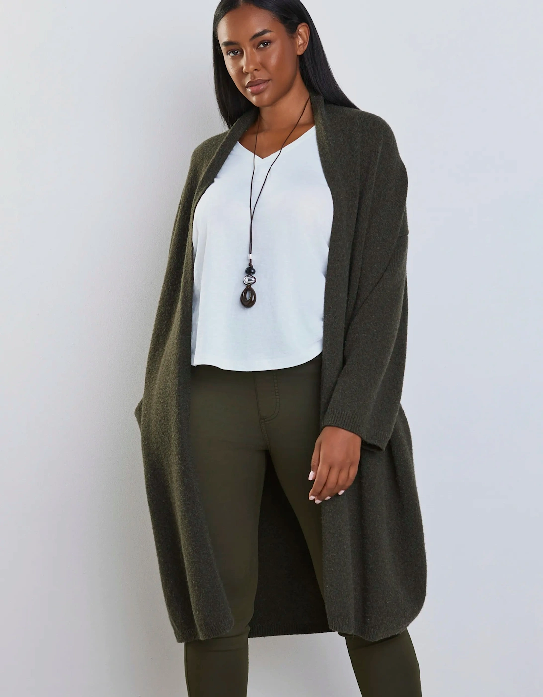 Olive Green Coatigan With Patch Pockets