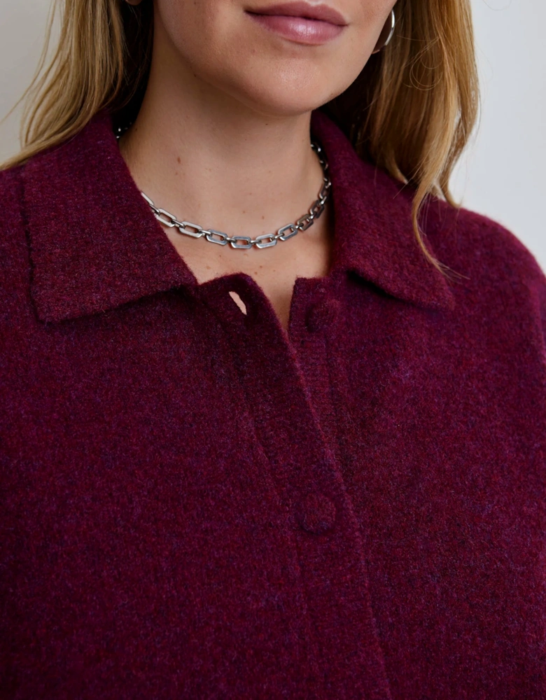 Burgundy Wool Blend Polo Collar Cardigan