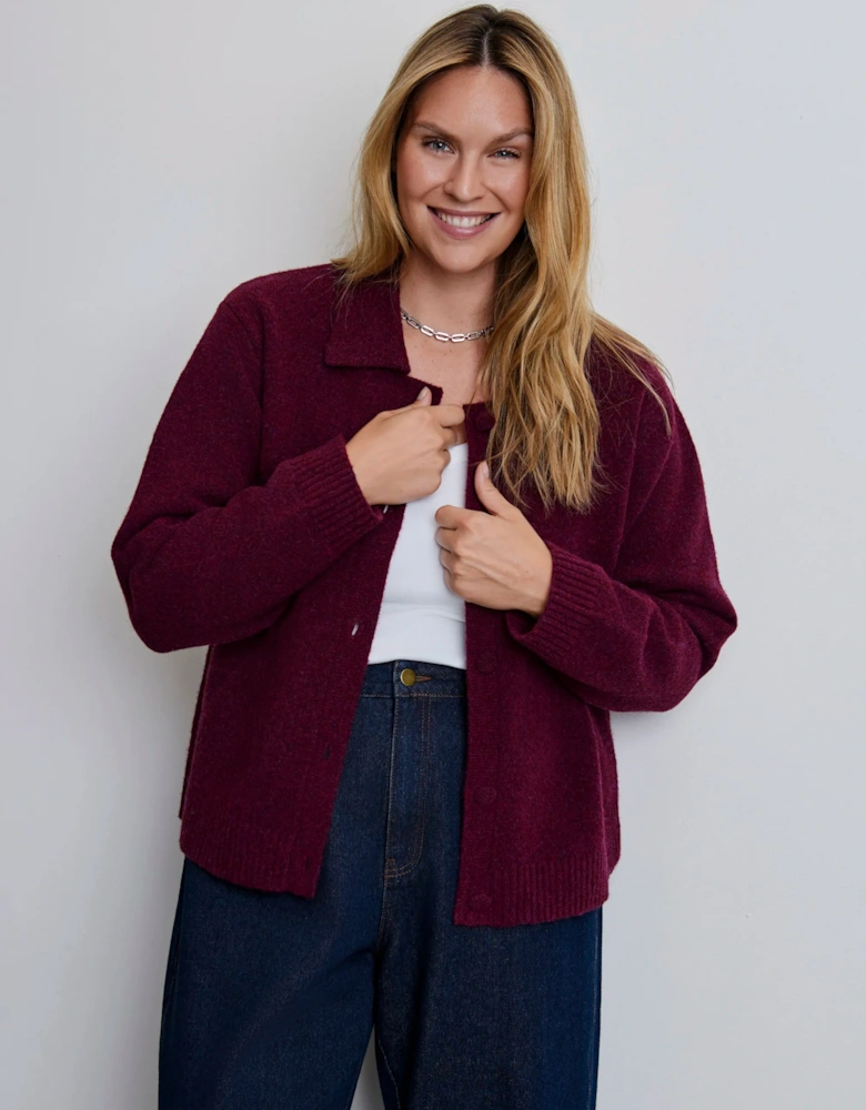 Burgundy Wool Blend Polo Collar Cardigan